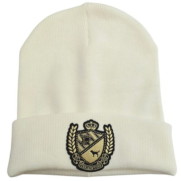 Victoria Secret Pink Cream Gold Black Pink Logo Women's Beanie OS - Picture 1 of 5